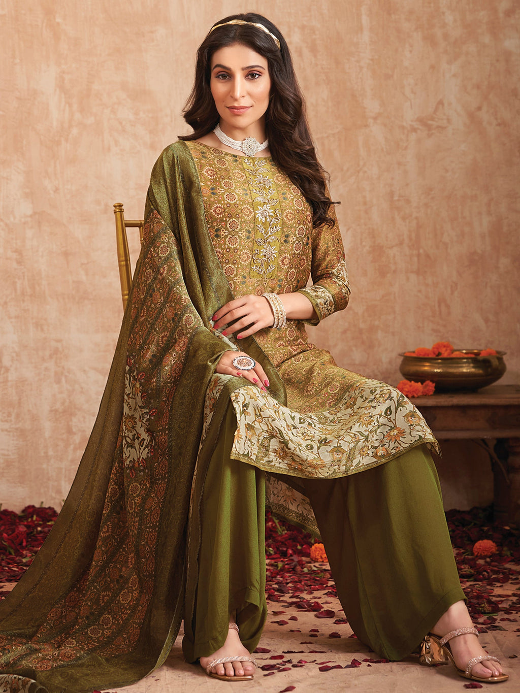 Jyoti Fashion Women's Olive Green Pure Tissue Shimmer Floral Digital Print With Zardoshi Hand Work Salwar Suit Set - Distacart