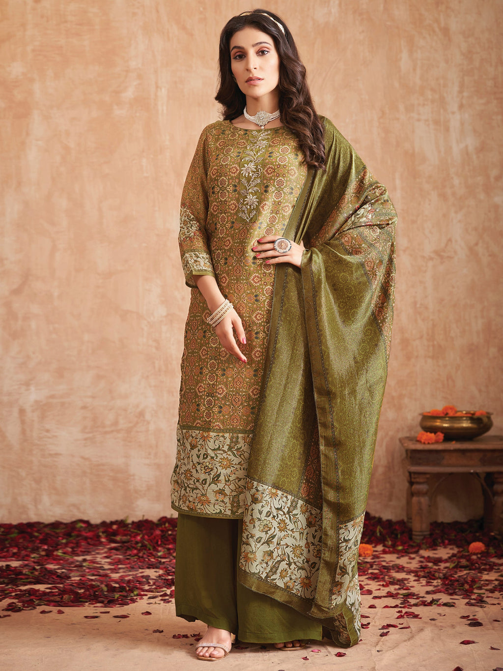 Jyoti Fashion Women's Olive Green Pure Tissue Shimmer Floral Digital Print With Zardoshi Hand Work Salwar Suit Set - Distacart