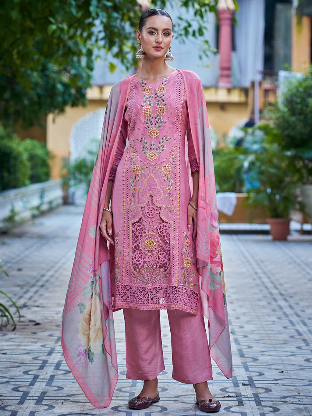 Jyoti Fashion Women's Pink Muslin Resham Thread with Jari & Cut Work Salwar Suit Set