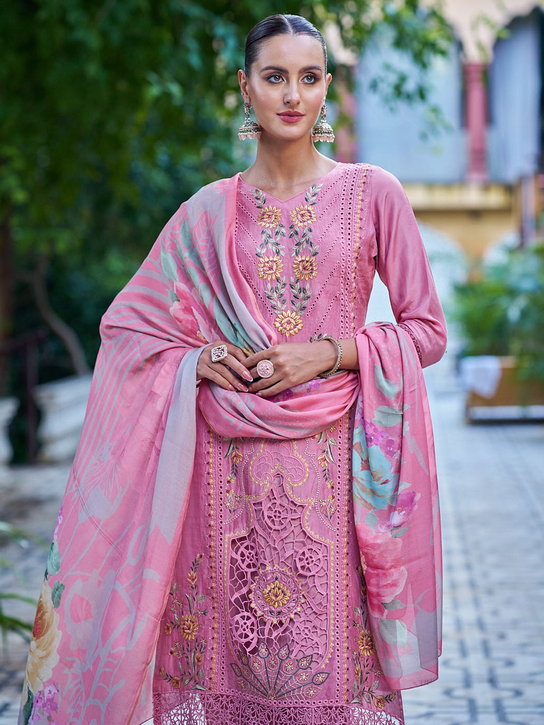 Jyoti Fashion Women's Pink Muslin Resham Thread with Jari & Cut Work Salwar Suit Set