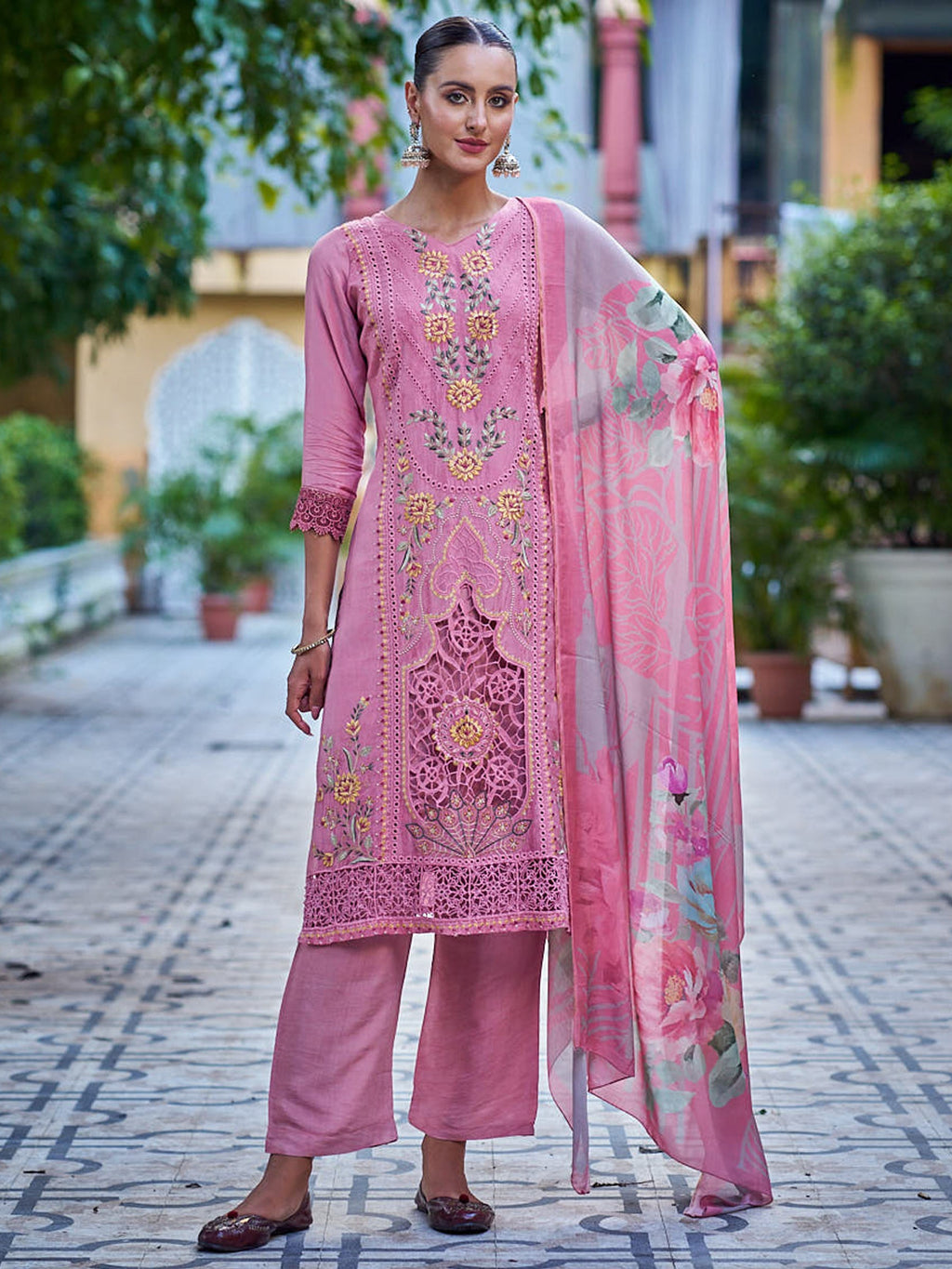 Jyoti Fashion Women's Pink Muslin Resham Thread with Jari & Cut Work Salwar Suit Set