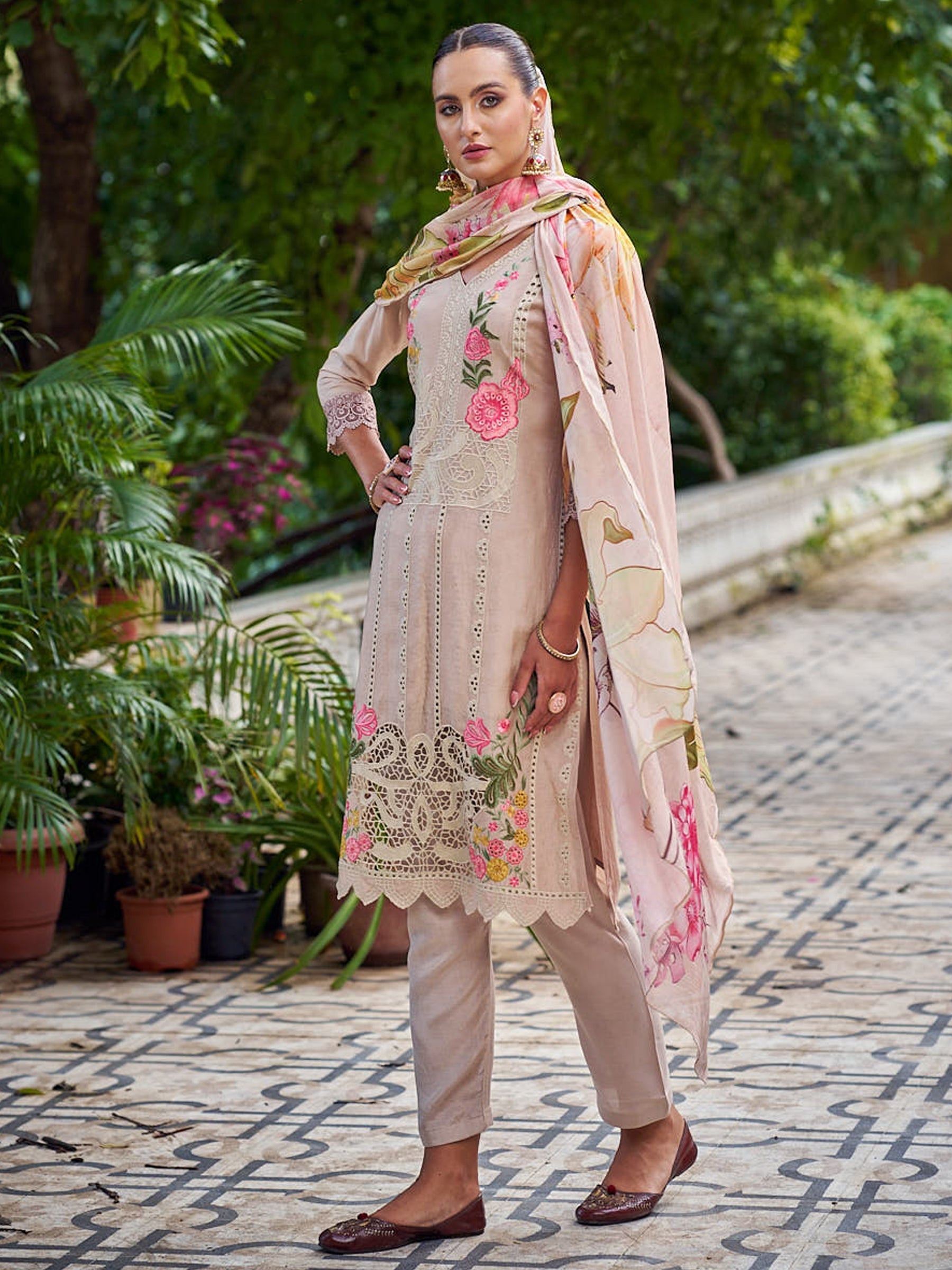 Jyoti Fashion Women's Beige Muslin Resham Thread with Jari & Cut Work Salwar Suit Set - Distacart