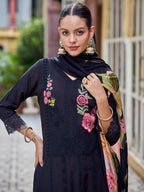Jyoti Fashion Women's Black Muslin Resham Thread with Jari & Cut Work Salwar Suit Set