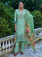 Jyoti Fashion Women's Green Muslin Resham Thread with Jari & Cut Work Salwar Suit Set