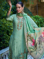 Jyoti Fashion Women's Green Muslin Resham Thread with Jari & Cut Work Salwar Suit Set