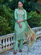 Jyoti Fashion Women's Green Muslin Resham Thread with Jari & Cut Work Salwar Suit Set