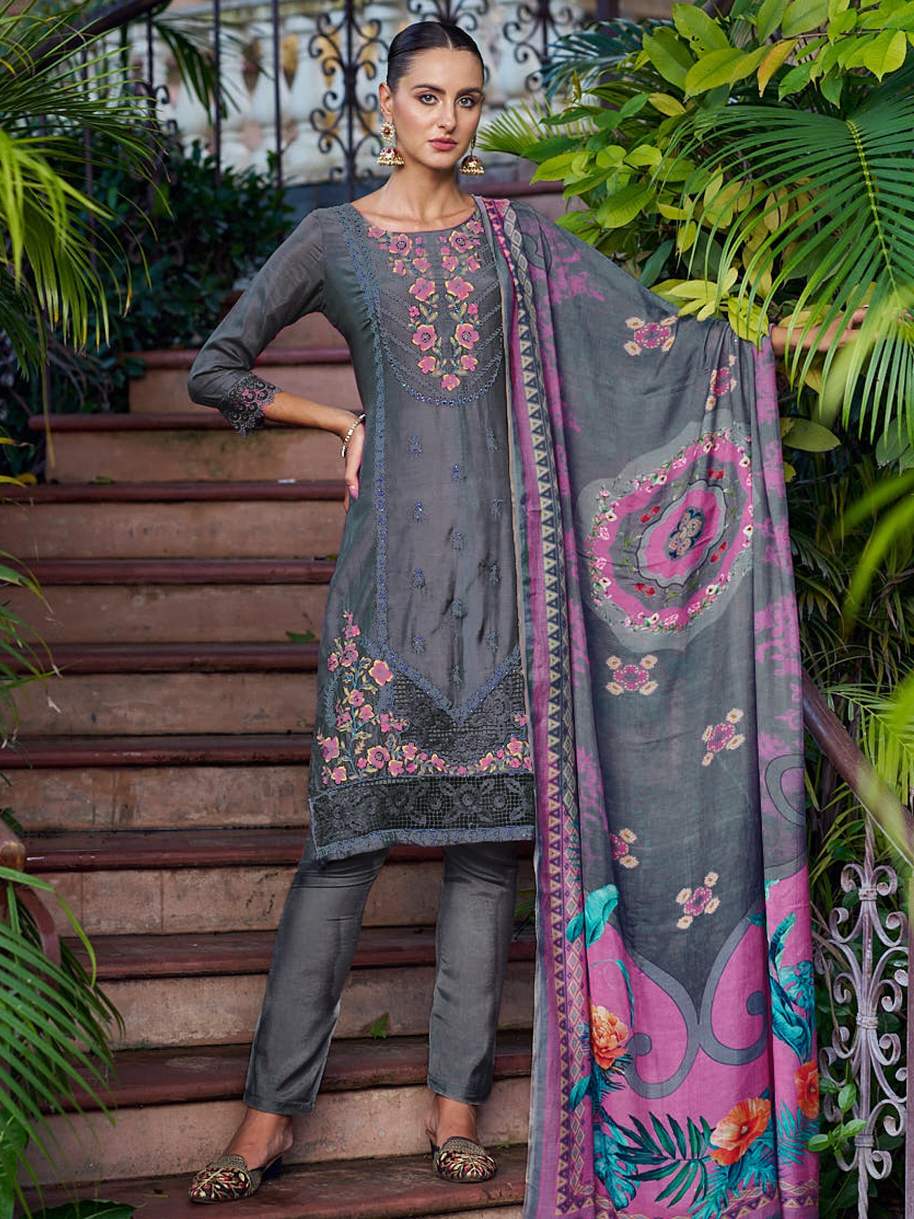 Jyoti Fashion Women's Grey Muslin Resham Thread with Jari & Cut Work Salwar Suit Set