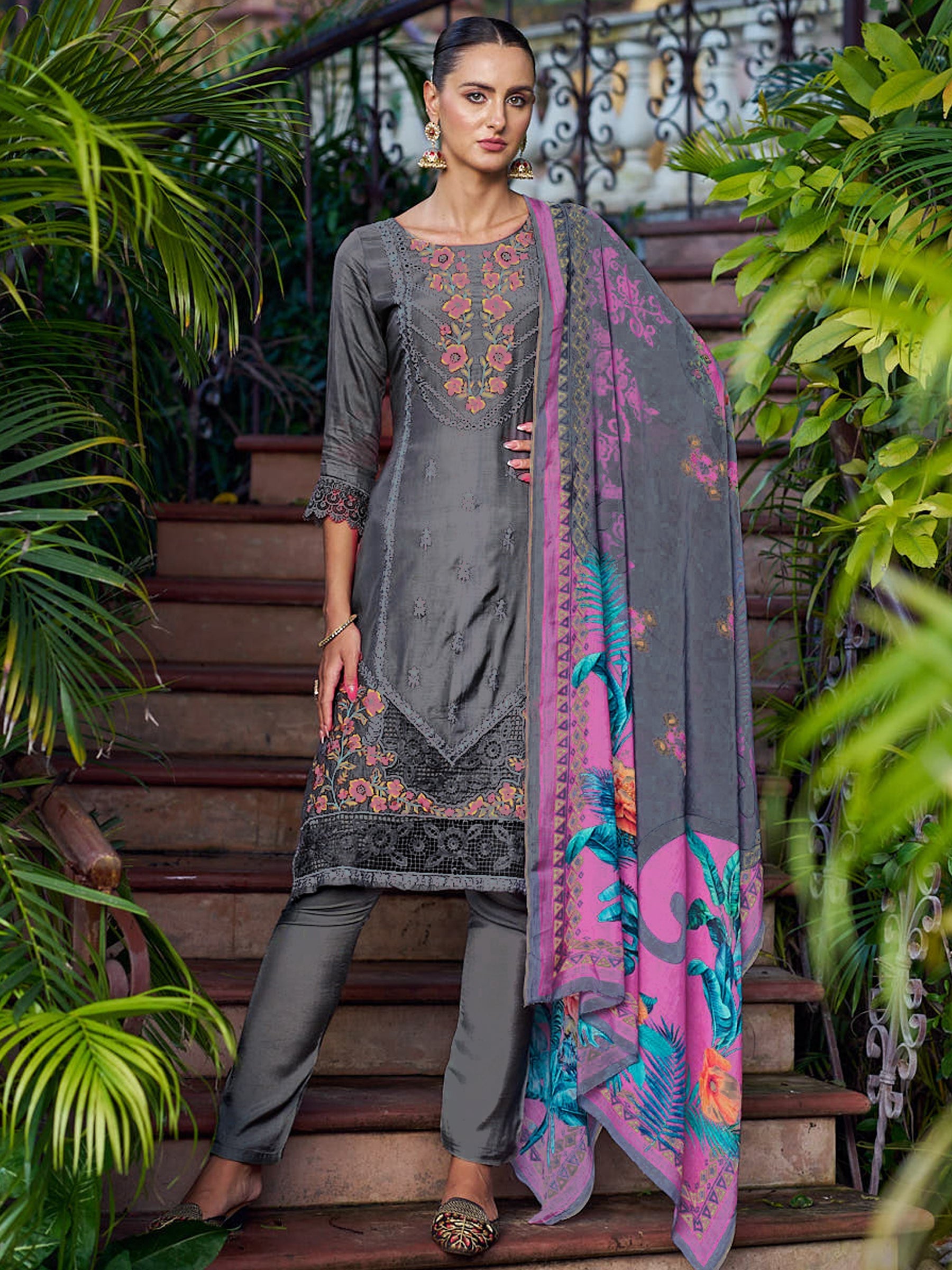 Jyoti Fashion Women's Grey Muslin Resham Thread with Jari & Cut Work Salwar Suit Set