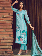 Jyoti Fashion Women's Sky Blue Muslin Floral Digital Print with Sequins Work Salwar Suit Set