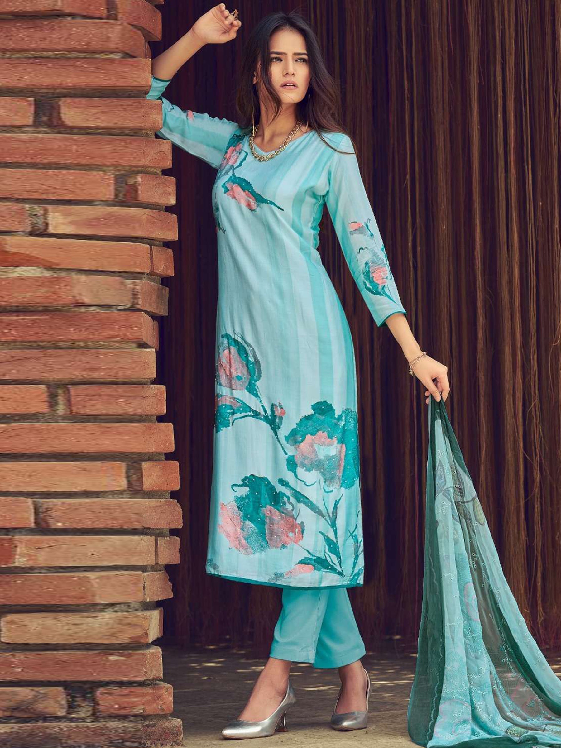 Jyoti Fashion Women's Sky Blue Muslin Floral Digital Print with Sequins Work Salwar Suit Set