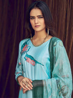 Jyoti Fashion Women's Sky Blue Muslin Floral Digital Print with Sequins Work Salwar Suit Set