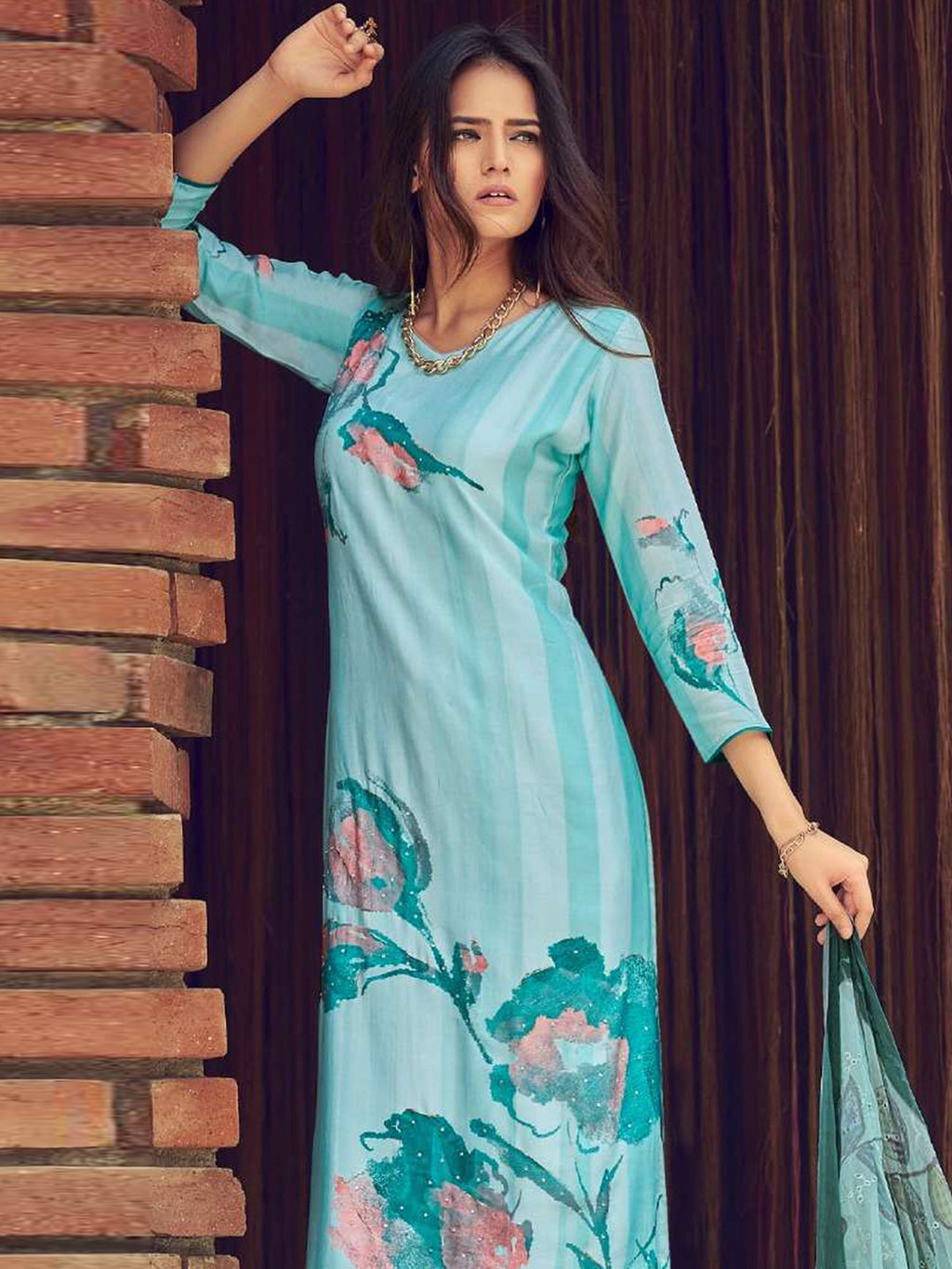 Jyoti Fashion Women's Sky Blue Muslin Floral Digital Print with Sequins Work Salwar Suit Set