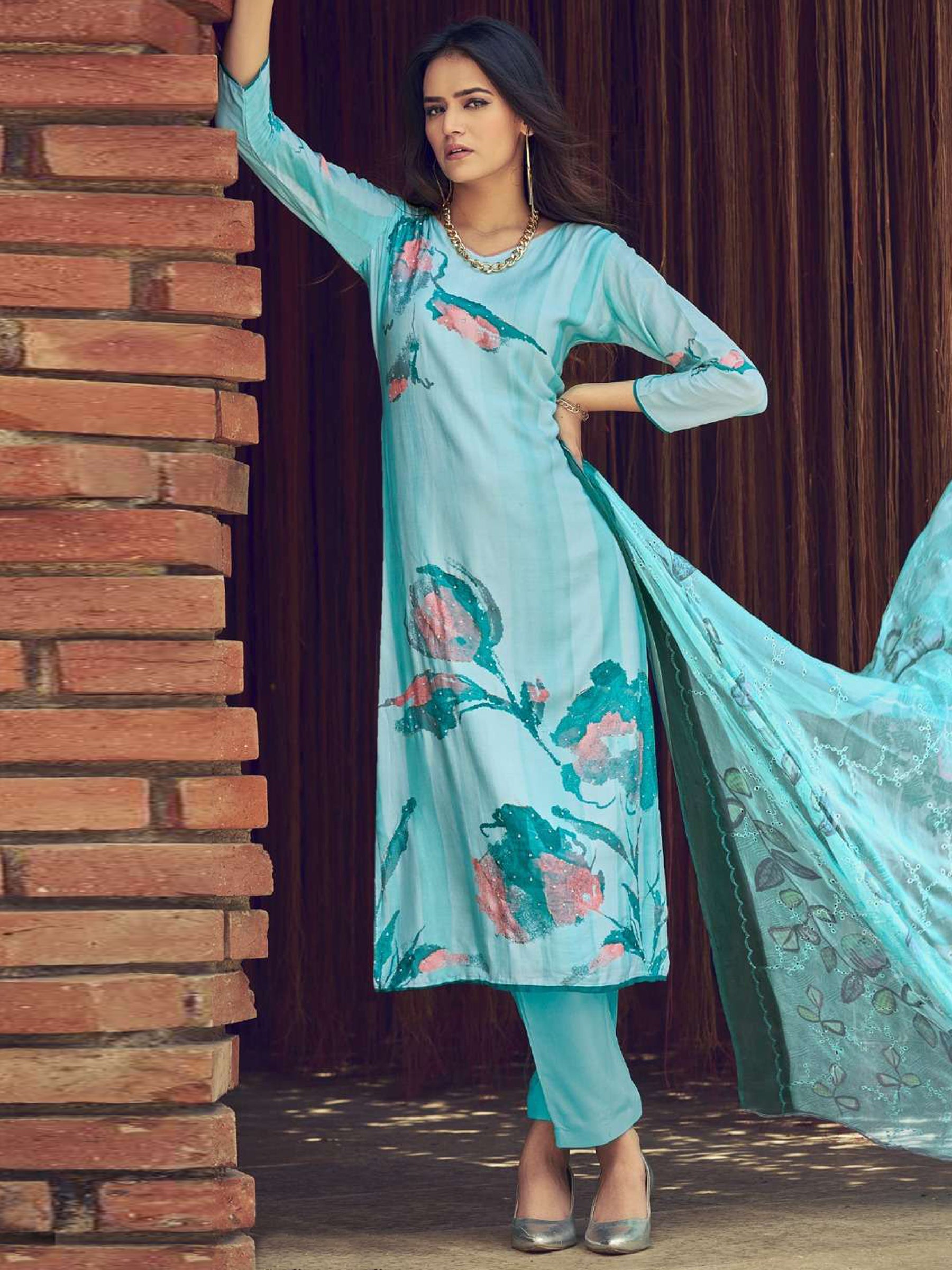Jyoti Fashion Women's Sky Blue Muslin Floral Digital Print with Sequins Work Salwar Suit Set