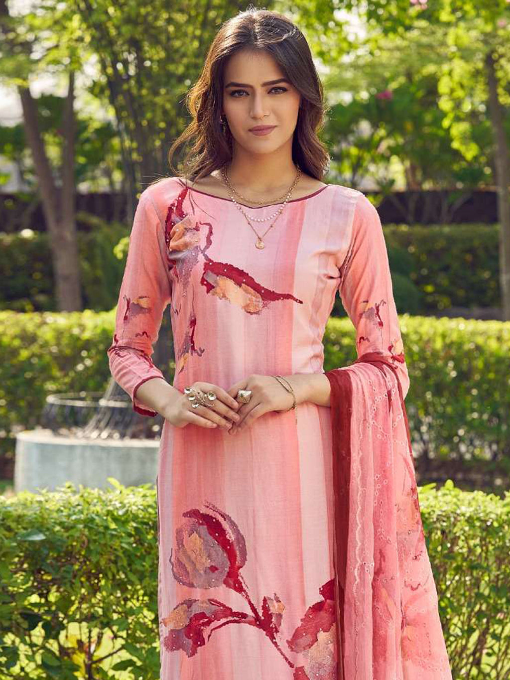 Jyoti Fashion Women's Peach Muslin Floral Digital Print with Sequins Work Salwar Suit Set