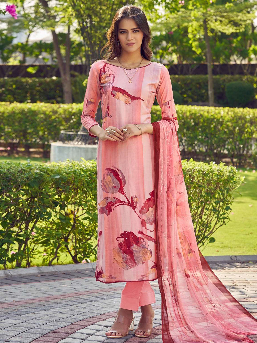 Jyoti Fashion Women's Peach Muslin Floral Digital Print with Sequins Work Salwar Suit Set