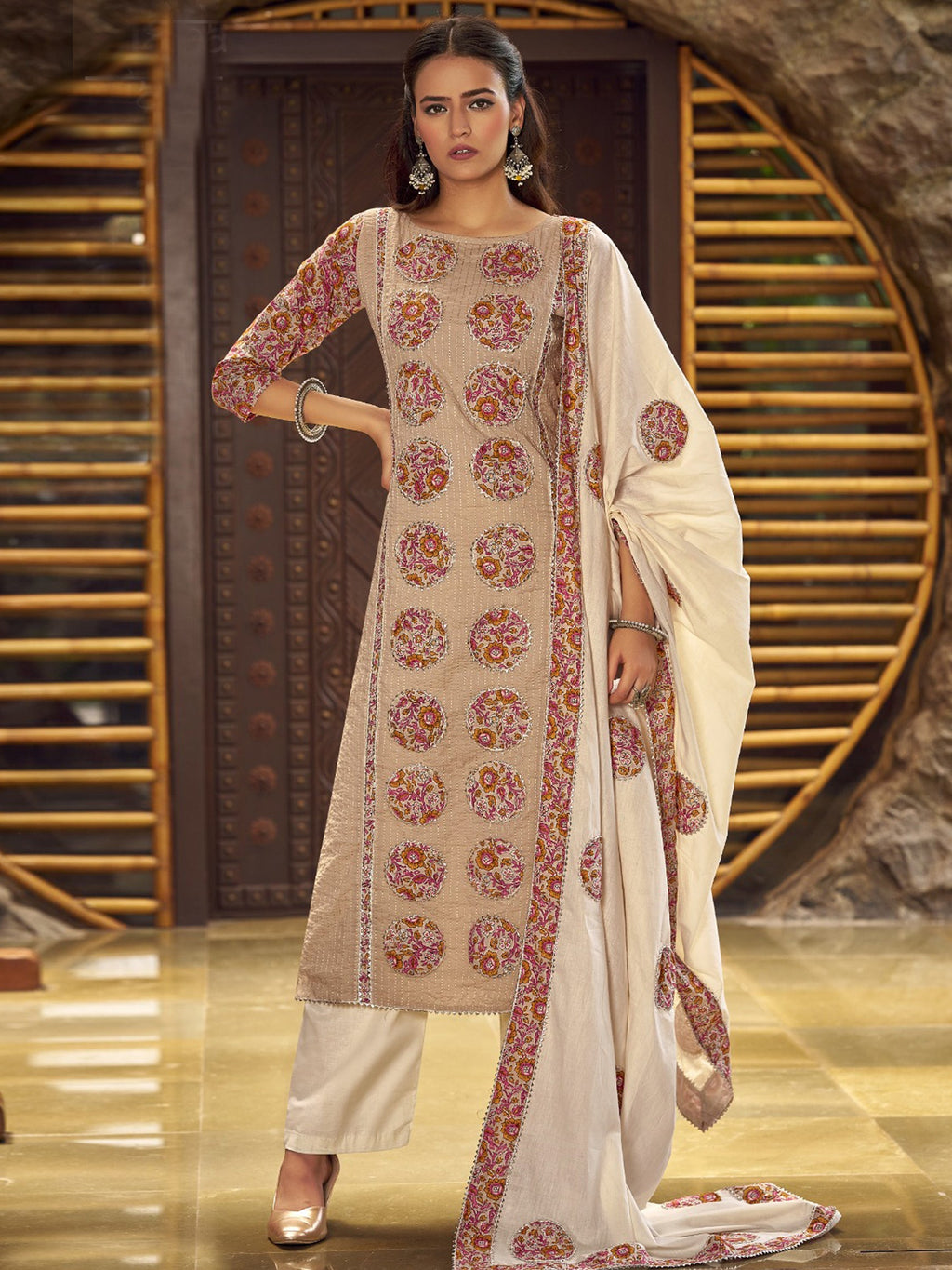 Jyoti Fashion Women's Beige Pure Cotton Digital Printed Salwar Suit Set