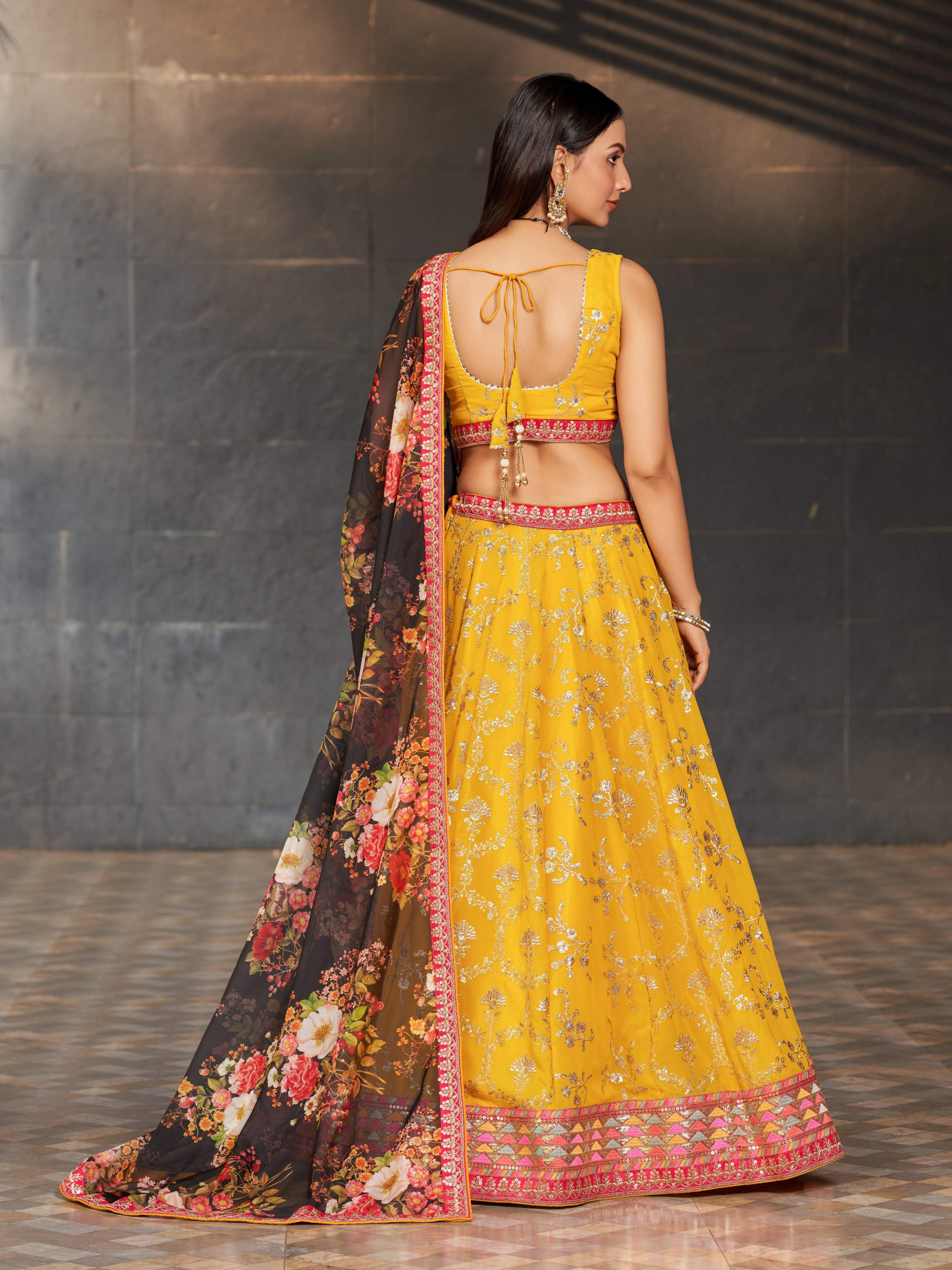 Jyoti Fashion Women's Yellow Georgette Zari & Heavy Sequin Embroidery Lehenga Choli & Dupatta