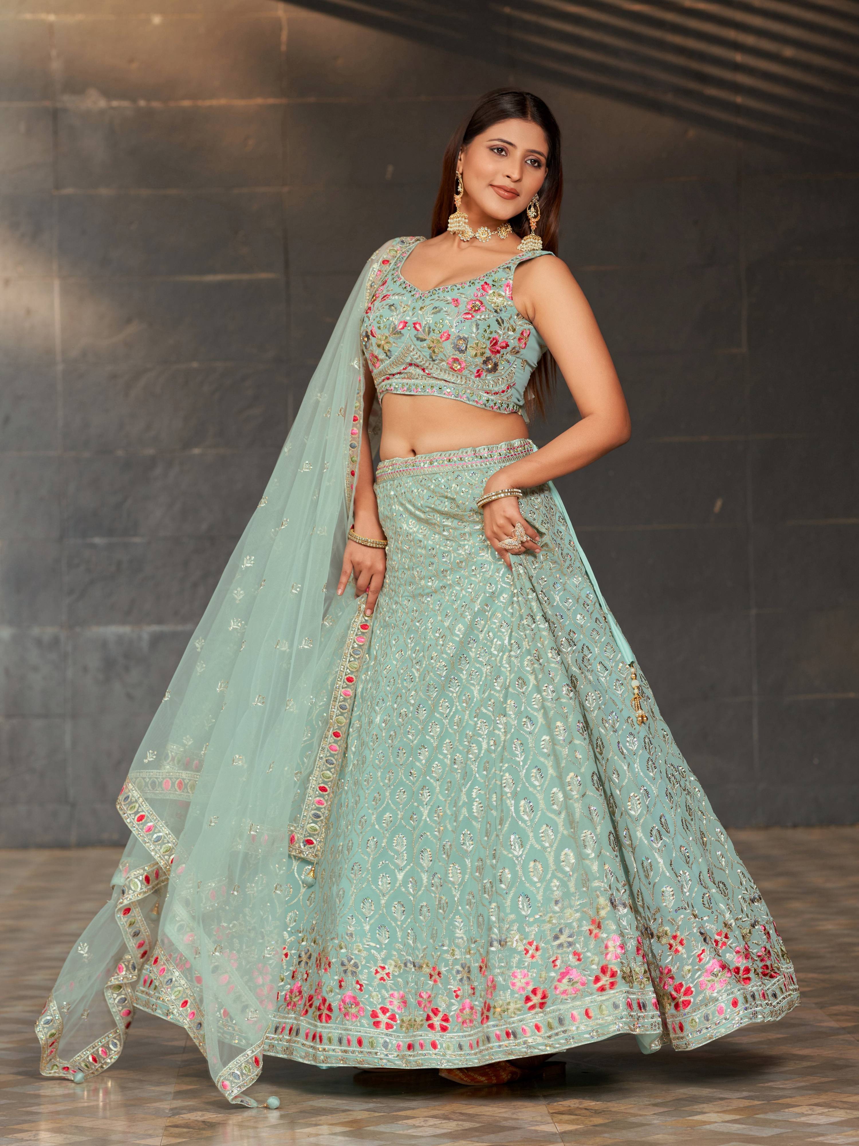 Jyoti Fashion Women's Sky Blue Georgette Zari & Heavy Sequin Embroidery Lehenga Choli & Dupatta