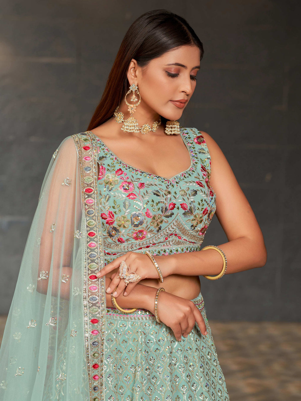 Jyoti Fashion Women's Sky Blue Georgette Zari & Heavy Sequin Embroidery Lehenga Choli & Dupatta