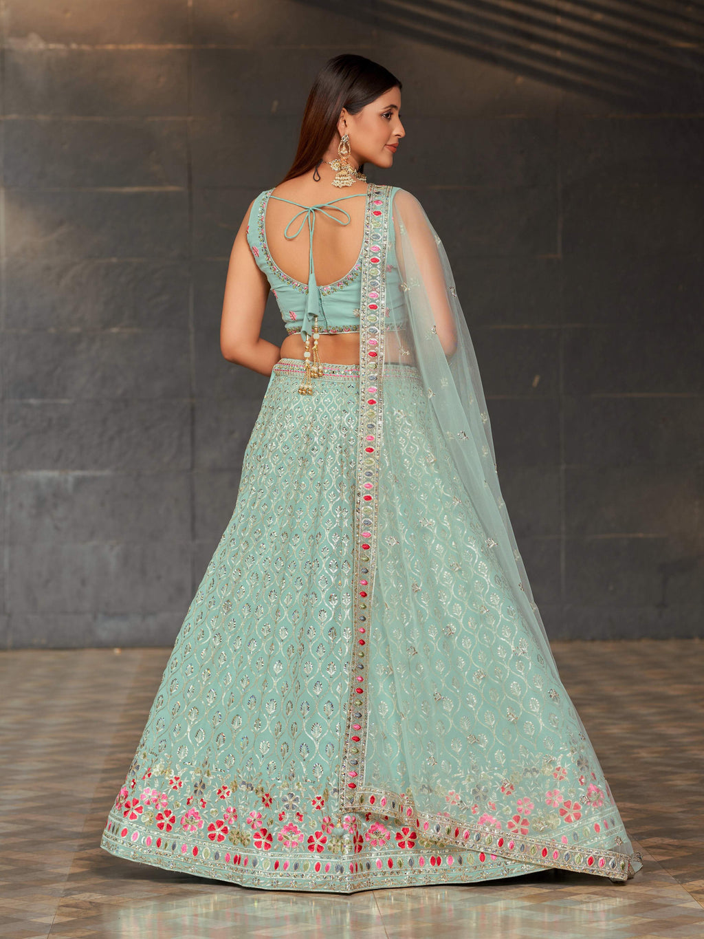 Jyoti Fashion Women's Sky Blue Georgette Zari & Heavy Sequin Embroidery Lehenga Choli & Dupatta