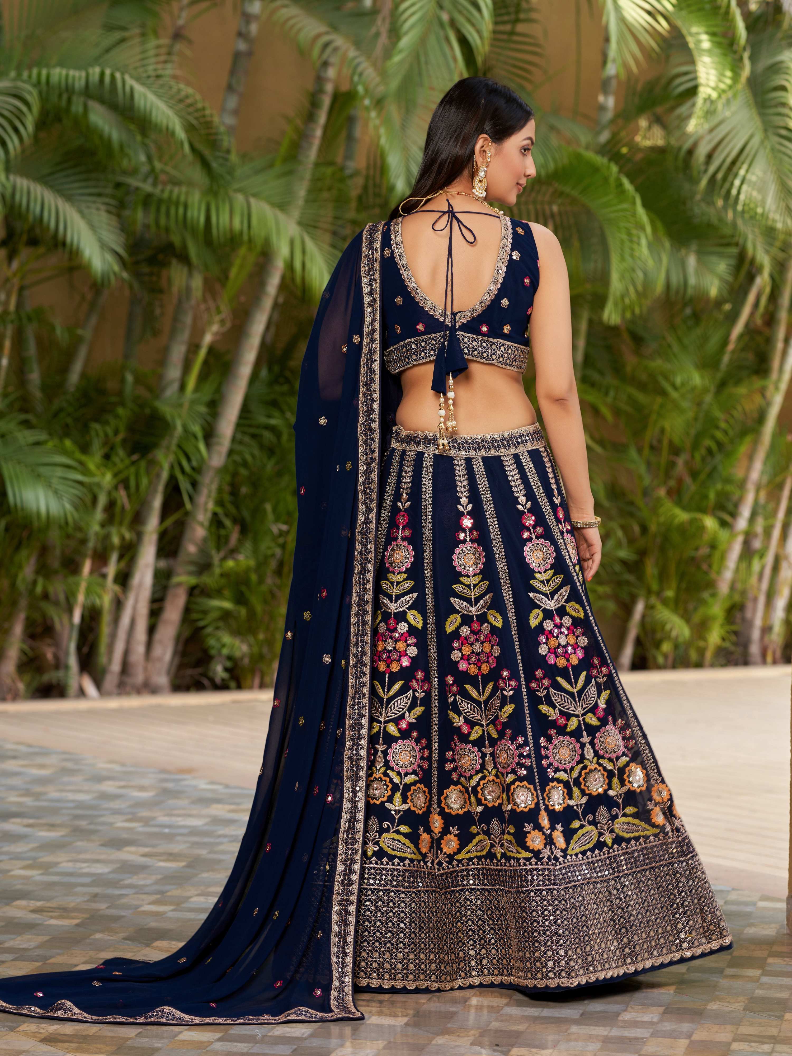 Jyoti Fashion Women's Navy Blue Georgette Zari & Heavy Sequin Embroidery Lehenga Choli & Dupatta