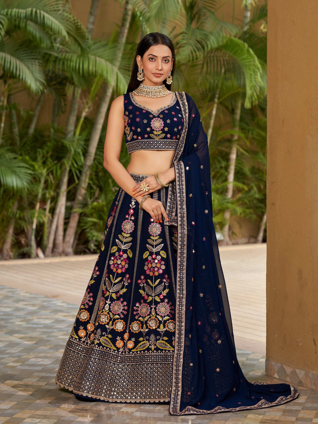 Jyoti Fashion Women's Navy Blue Georgette Zari & Heavy Sequin Embroidery Lehenga Choli & Dupatta