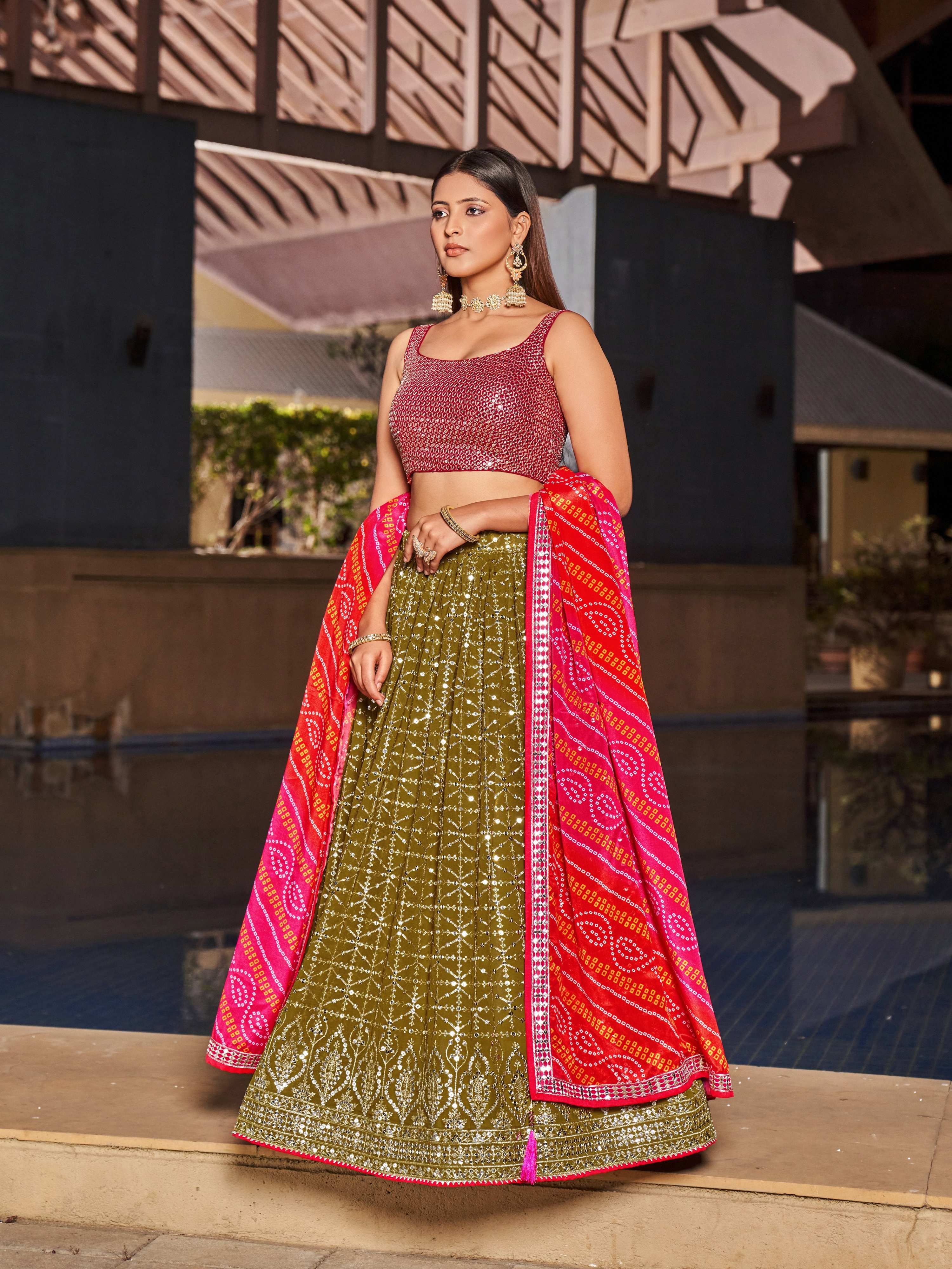 Jyoti Fashion Women's Olive Georgette Zari & Heavy Sequin Embroidery Lehenga Choli & Dupatta