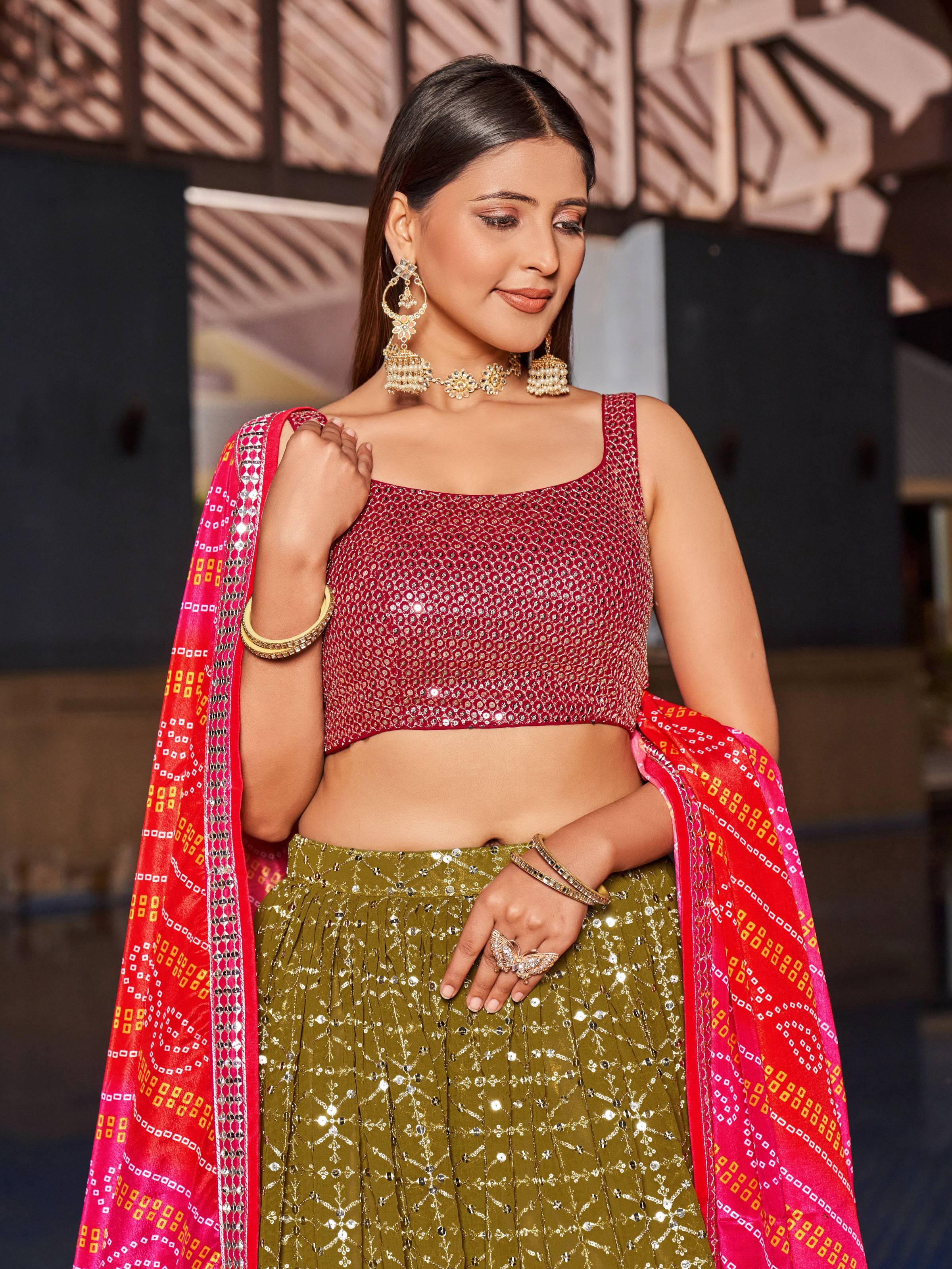 Jyoti Fashion Women's Olive Georgette Zari & Heavy Sequin Embroidery Lehenga Choli & Dupatta