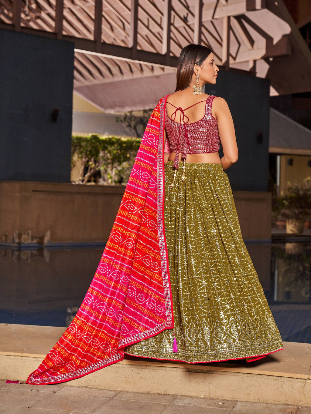 Jyoti Fashion Women's Olive Georgette Zari & Heavy Sequin Embroidery Lehenga Choli & Dupatta