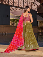 Jyoti Fashion Women's Olive Georgette Zari & Heavy Sequin Embroidery Lehenga Choli & Dupatta