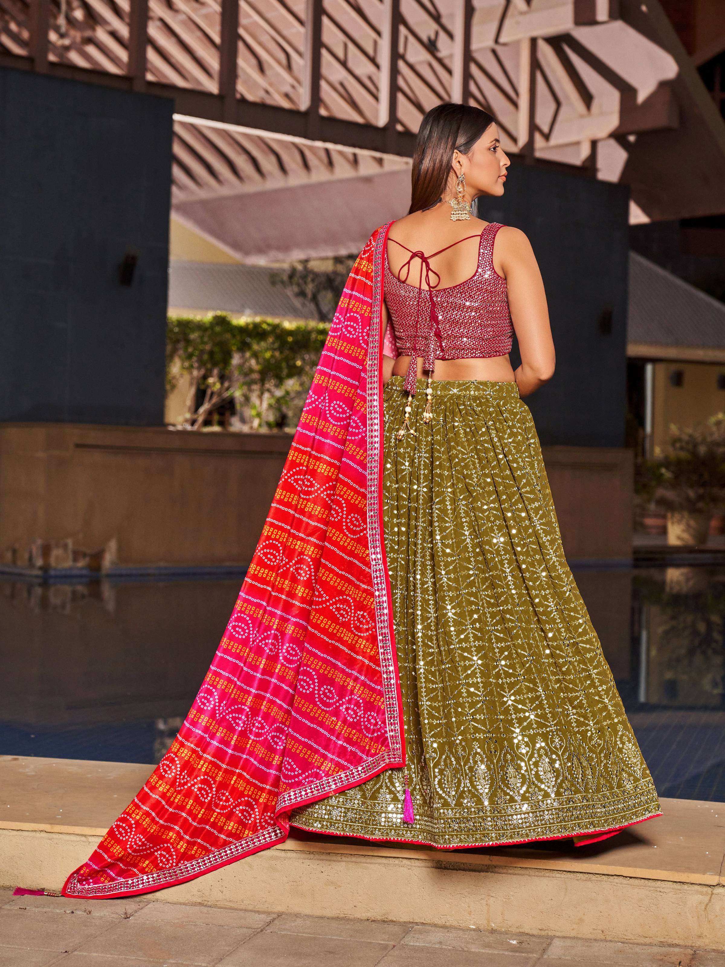 Jyoti Fashion Women's Olive Georgette Zari & Heavy Sequin Embroidery Lehenga Choli & Dupatta