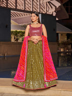 Jyoti Fashion Women's Olive Georgette Zari & Heavy Sequin Embroidery Lehenga Choli & Dupatta