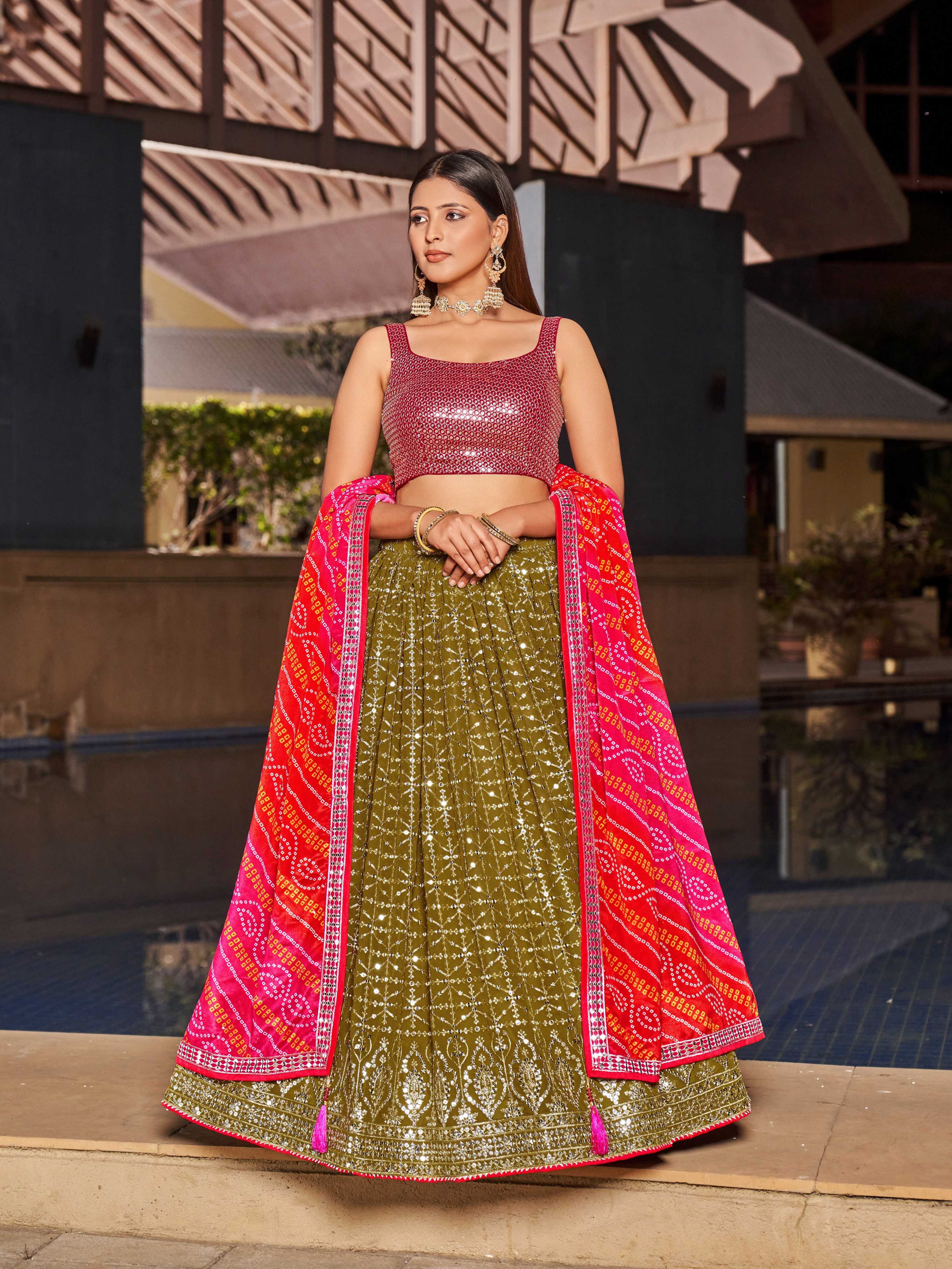 Jyoti Fashion Women's Olive Georgette Zari & Heavy Sequin Embroidery Lehenga Choli & Dupatta