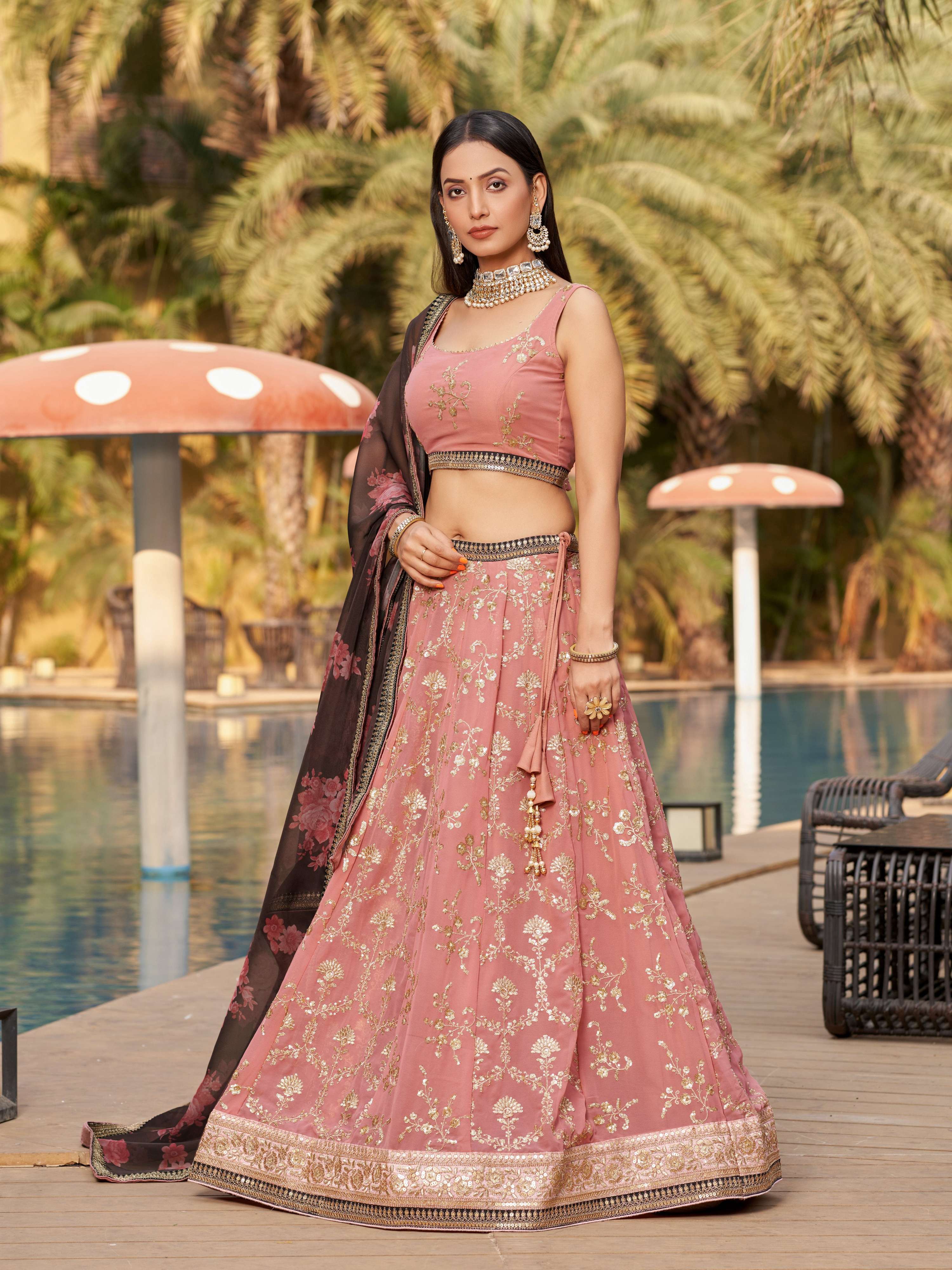 Jyoti Fashion Women's Pink Georgette Zari & Heavy Sequin Embroidery Lehenga Choli & Dupatta