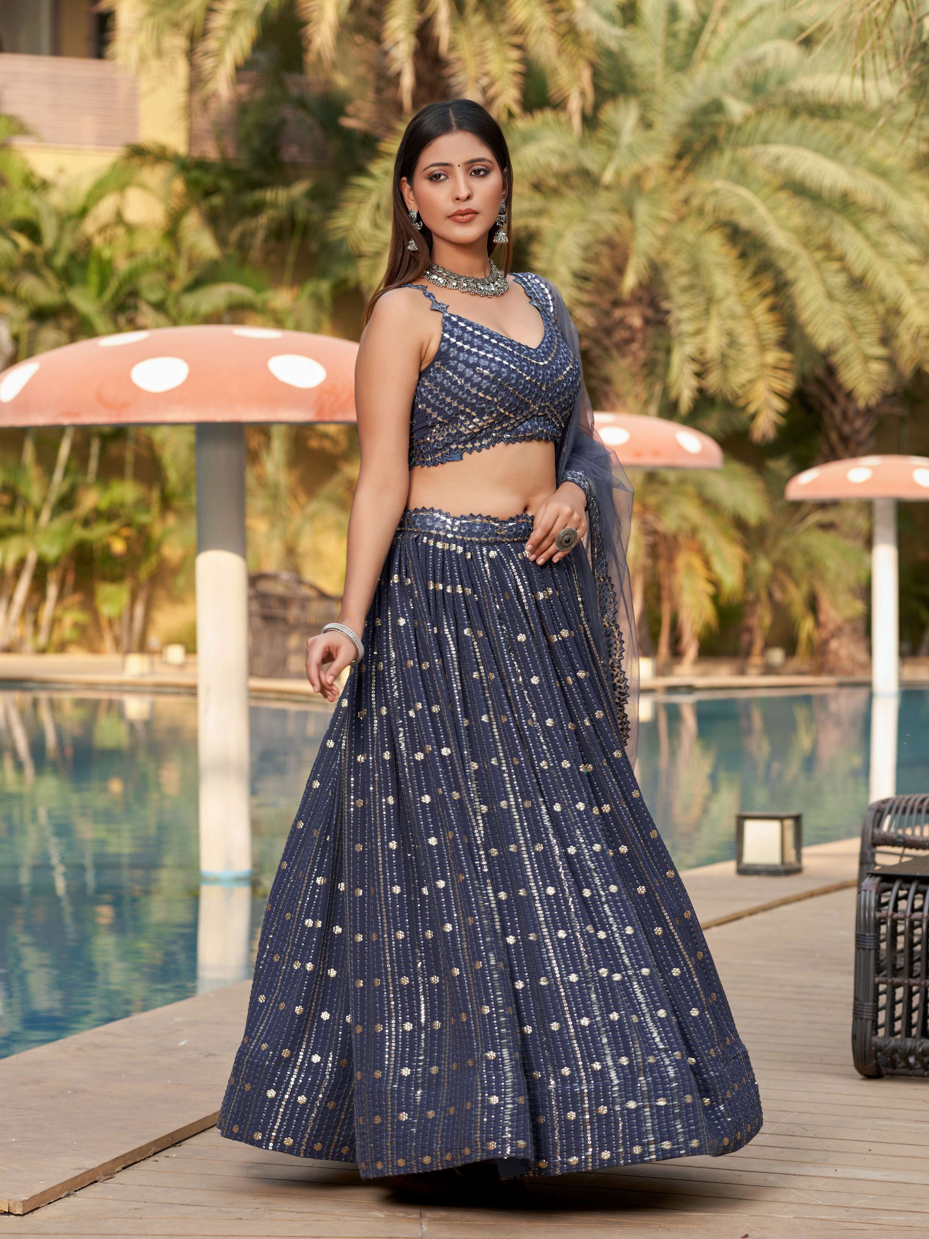 Jyoti Fashion Women's Grey Georgette Zari & Heavy Sequin Embroidery Lehenga Choli & Dupatta