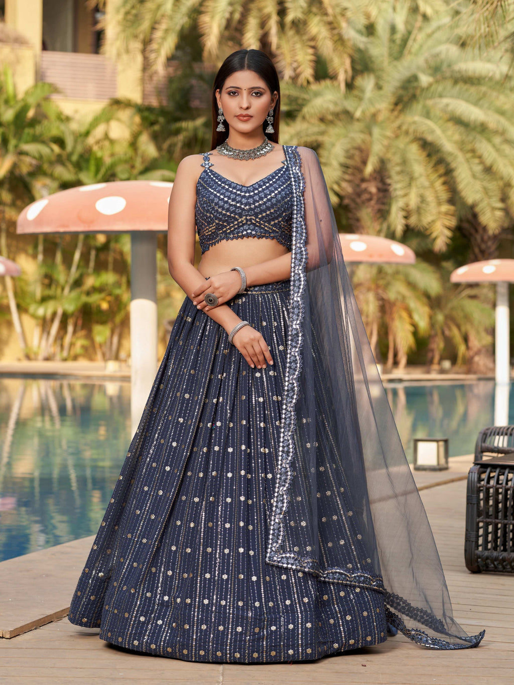 Jyoti Fashion Women's Grey Georgette Zari & Heavy Sequin Embroidery Lehenga Choli & Dupatta