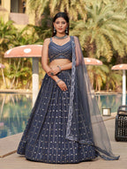 Jyoti Fashion Women's Grey Georgette Zari & Heavy Sequin Embroidery Lehenga Choli & Dupatta