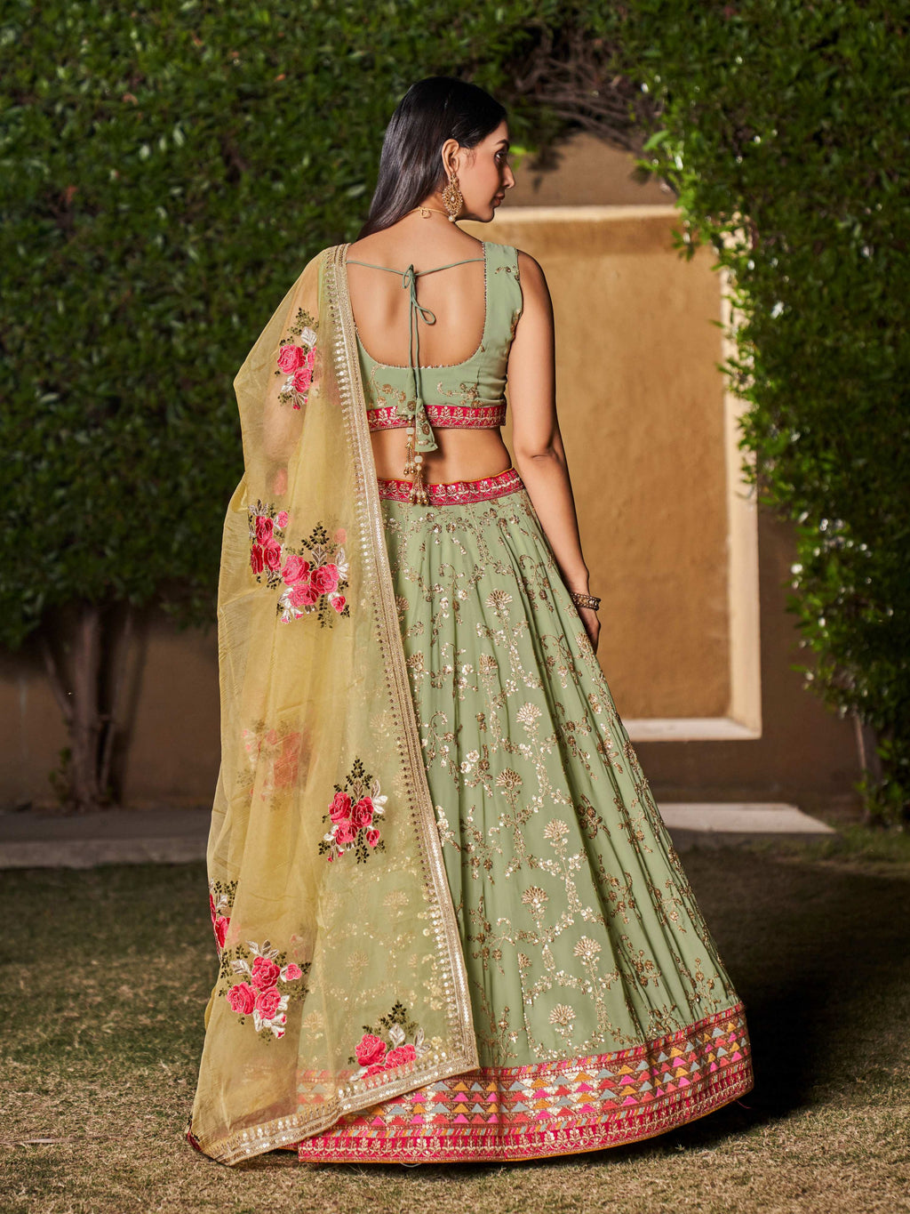 Jyoti Fashion Women's Pista Georgette Zari & Heavy Sequin Embroidery Lehenga Choli & Dupatta