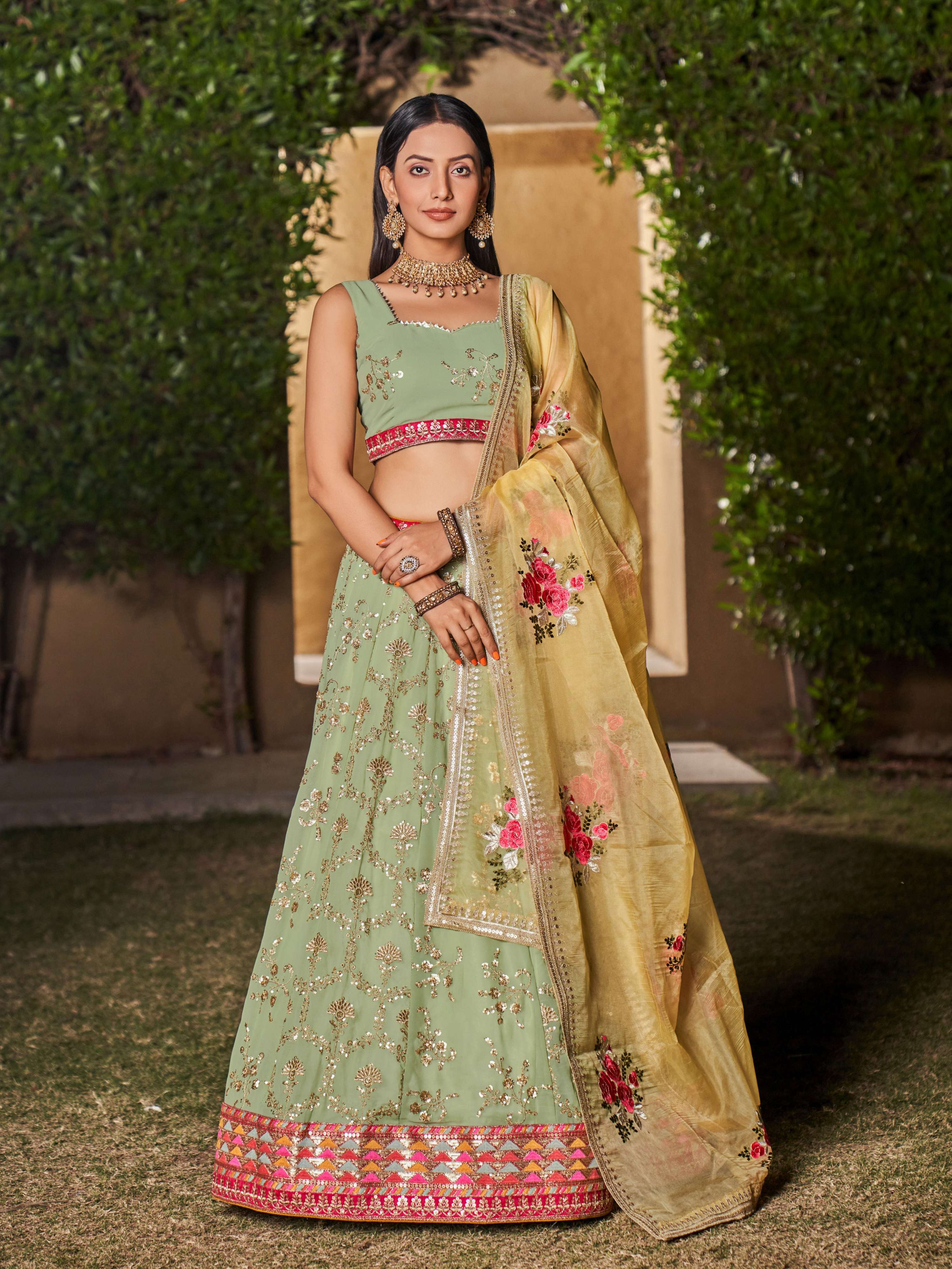 Jyoti Fashion Women's Pista Georgette Zari & Heavy Sequin Embroidery Lehenga Choli & Dupatta