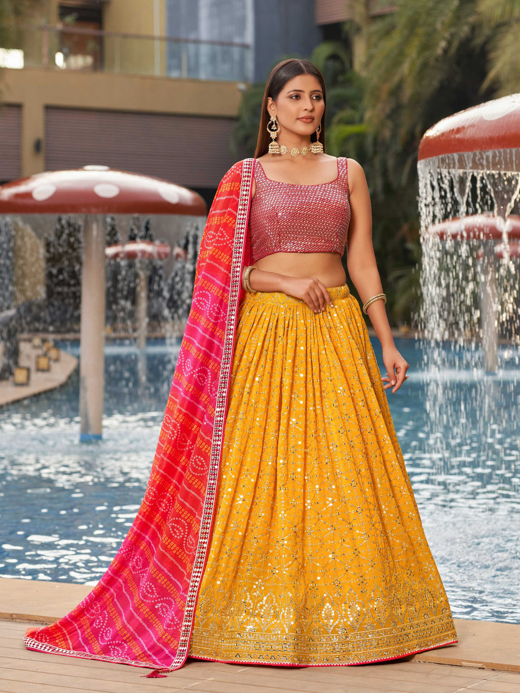 Jyoti Fashion Women's Yellow Georgette Zari & Heavy Sequin Embroidery Lehenga Choli & Dupatta