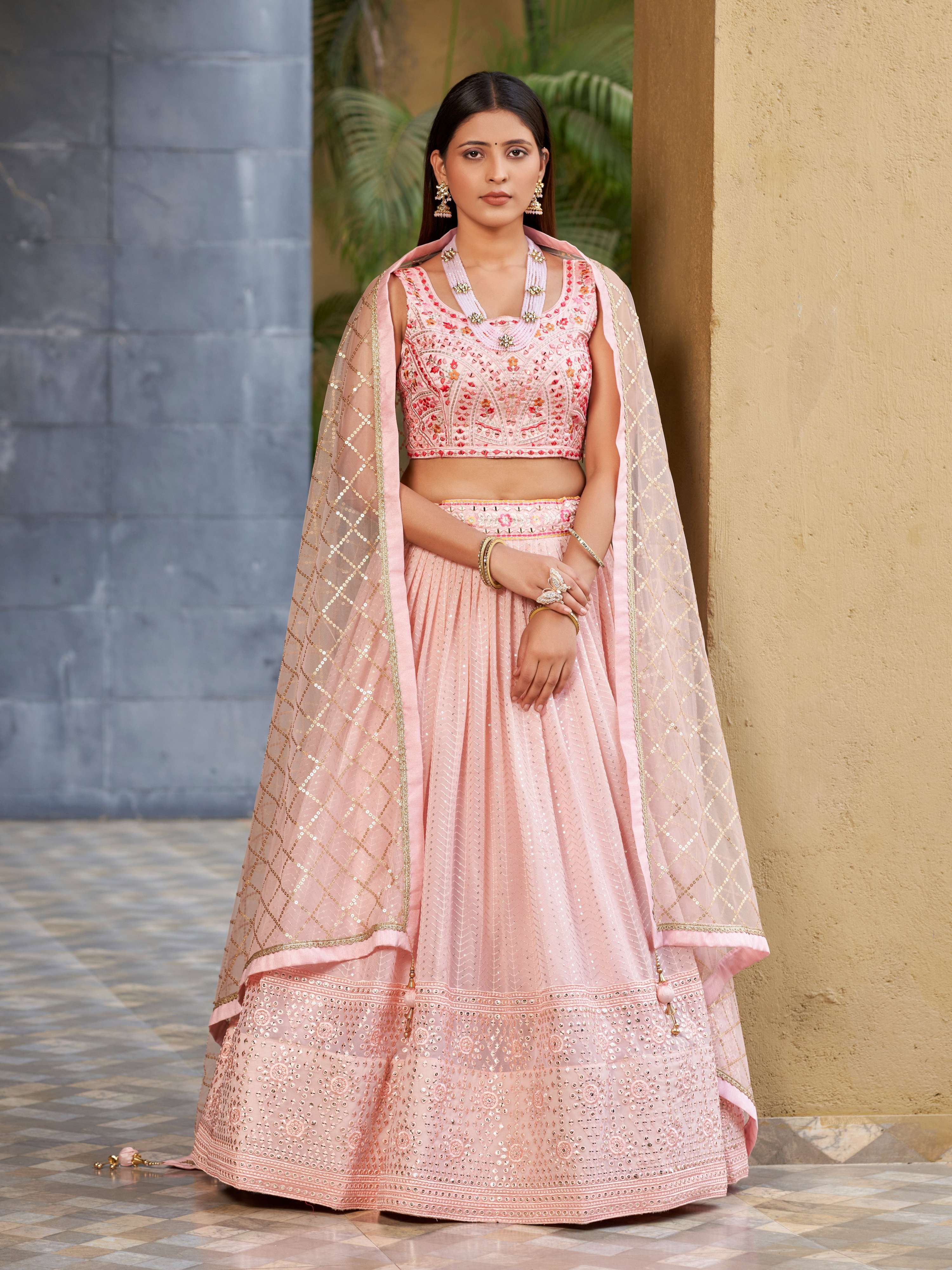 Jyoti Fashion Women's Pink Georgette Zari & Heavy Sequin Embroidery Lehenga Choli & Dupatta