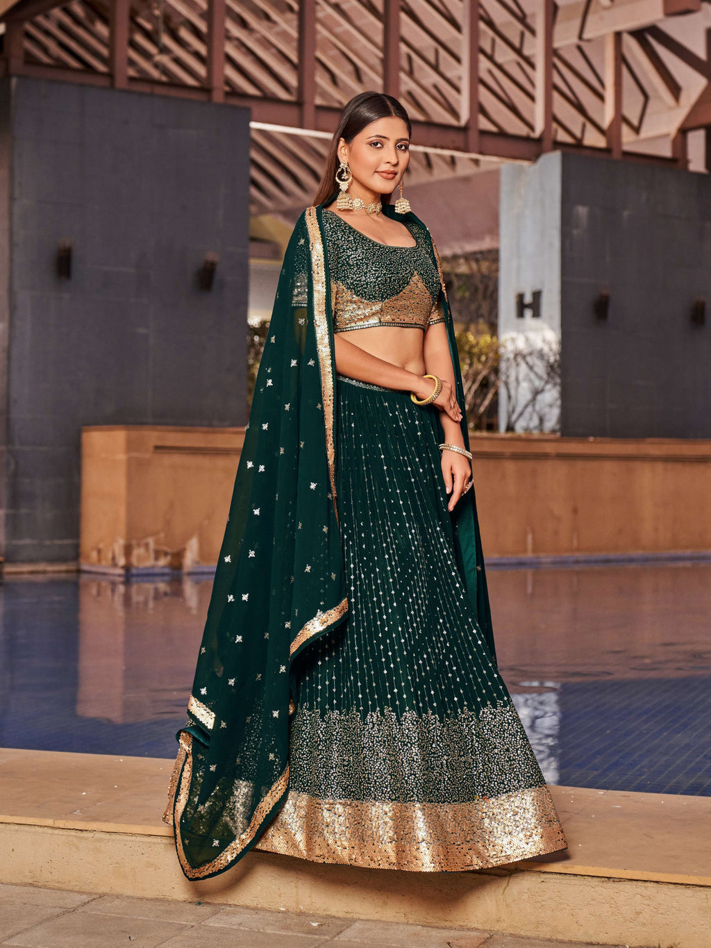 Jyoti Fashion Women's Green Georgette Zari & Heavy Sequin Embroidery Lehenga Choli & Dupatta
