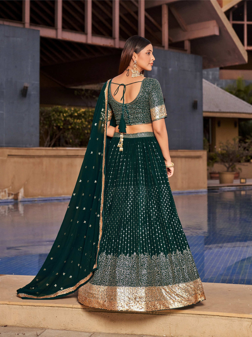 Jyoti Fashion Women's Green Georgette Zari & Heavy Sequin Embroidery Lehenga Choli & Dupatta