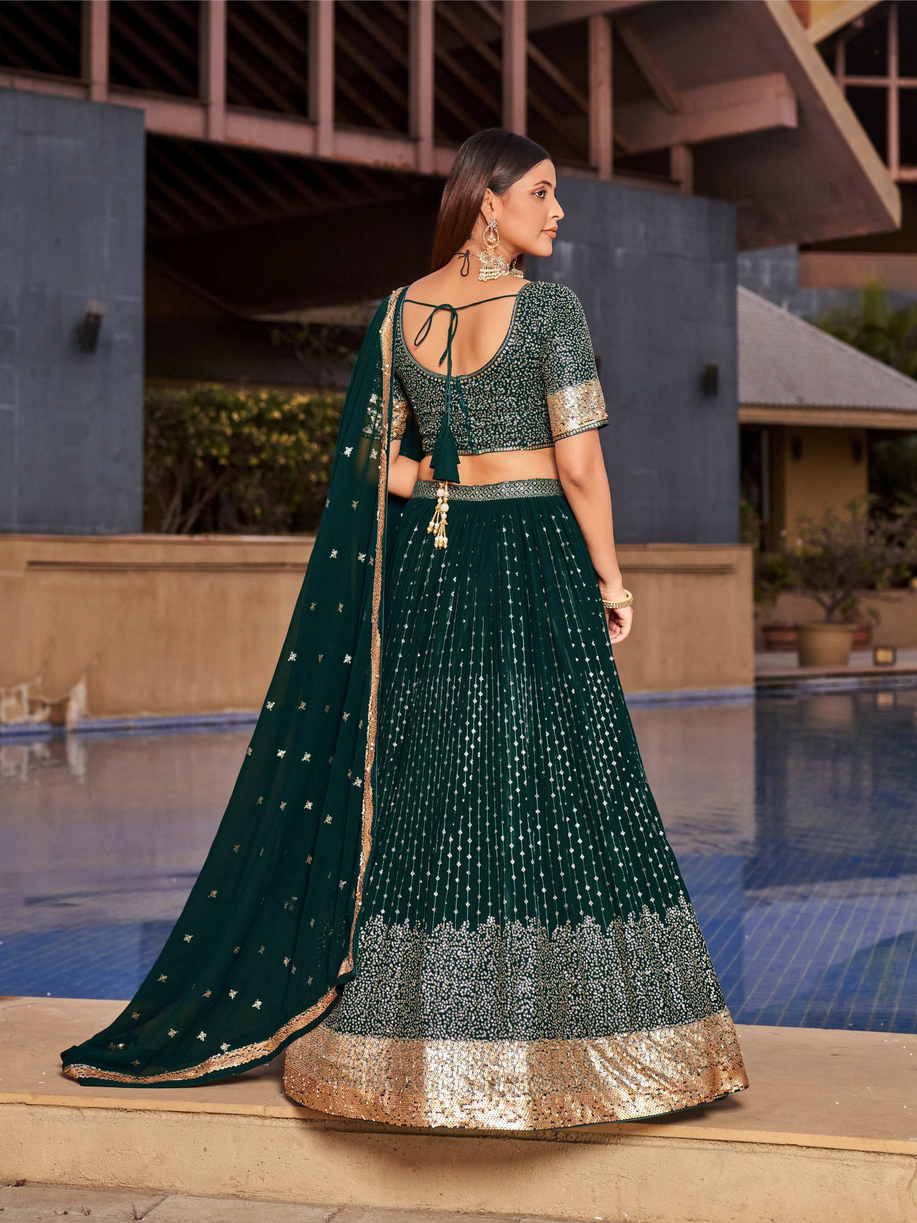 Jyoti Fashion Women's Green Georgette Zari & Heavy Sequin Embroidery Lehenga Choli & Dupatta