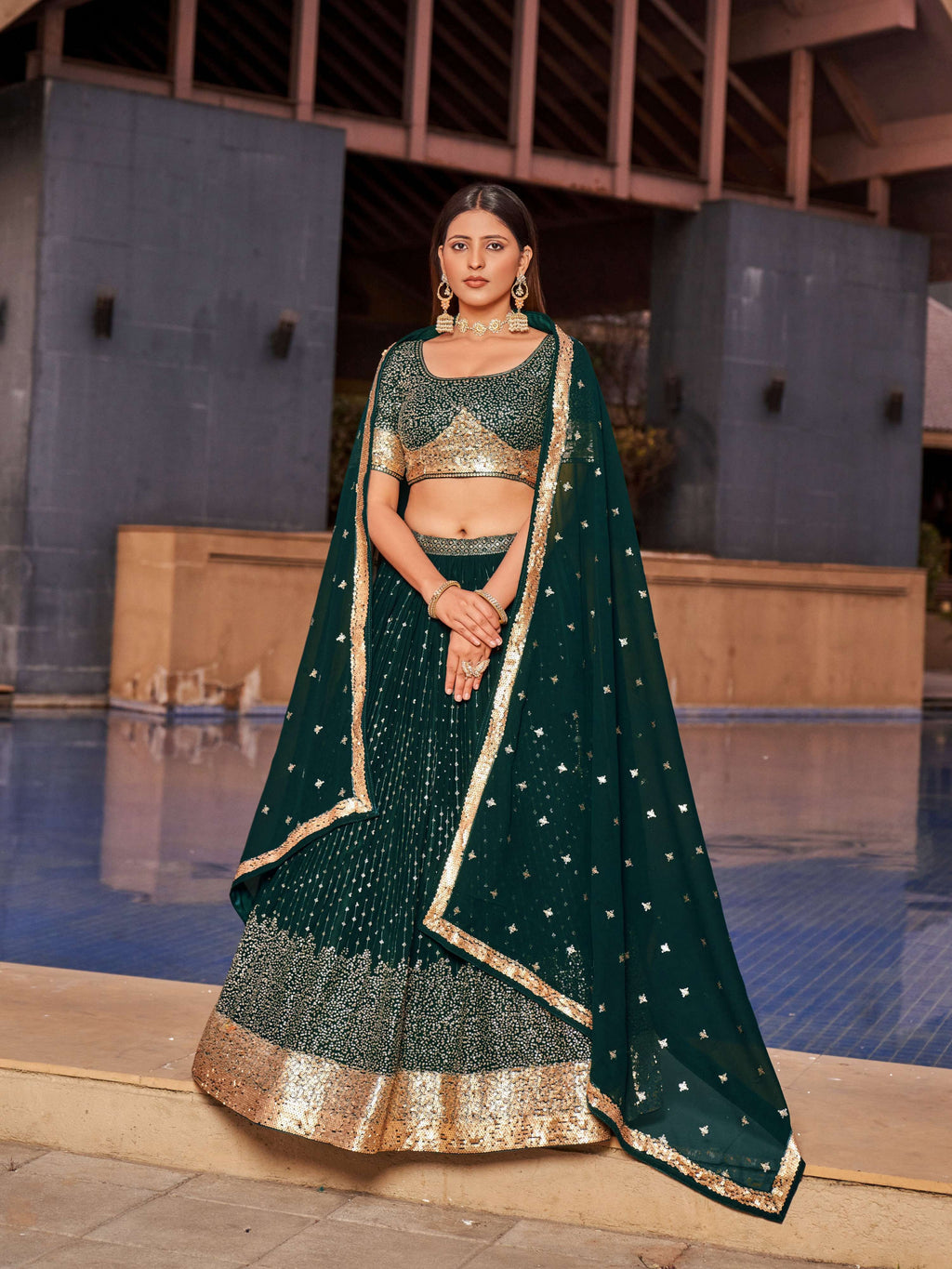 Jyoti Fashion Women's Green Georgette Zari & Heavy Sequin Embroidery Lehenga Choli & Dupatta