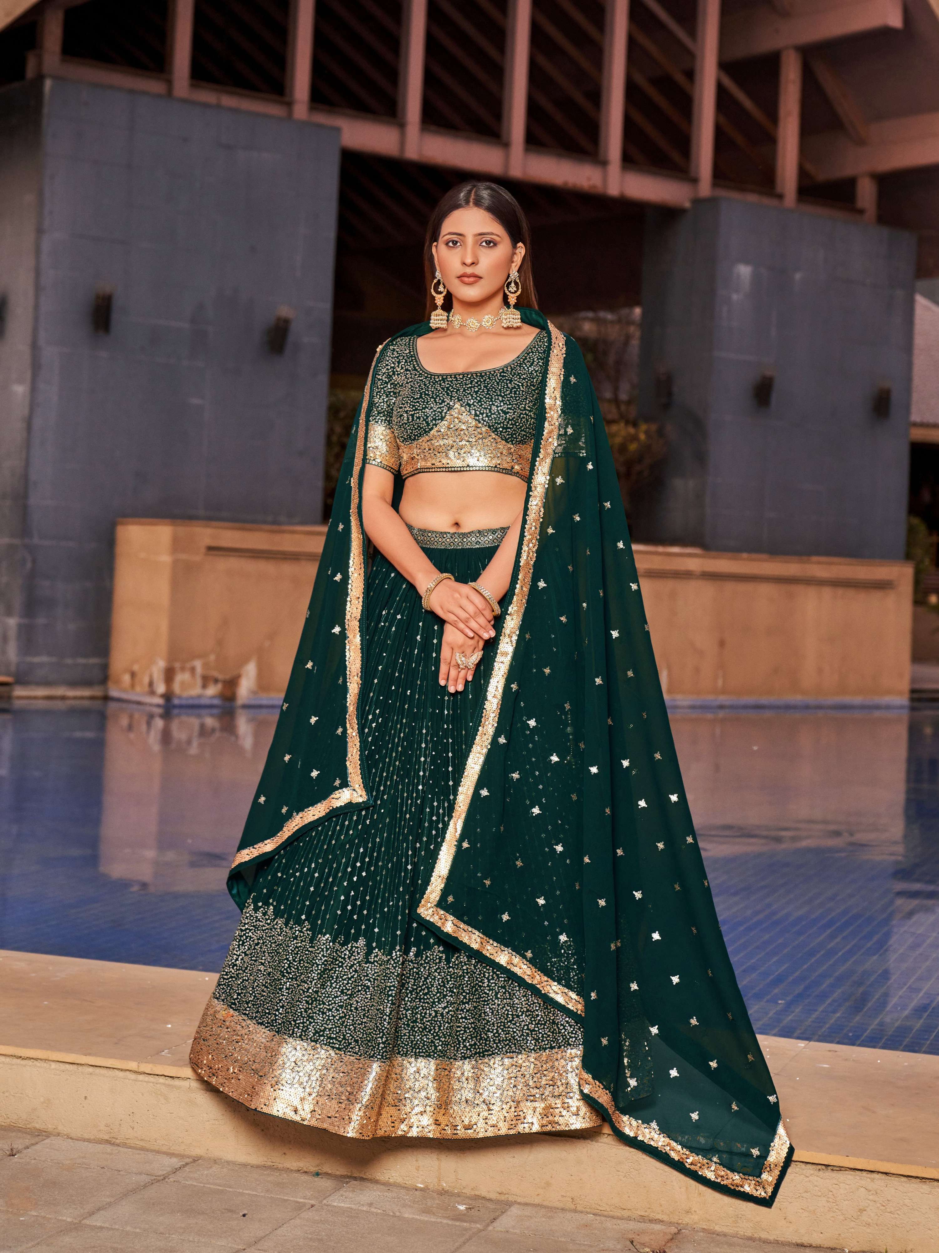 Jyoti Fashion Women's Green Georgette Zari & Heavy Sequin Embroidery Lehenga Choli & Dupatta