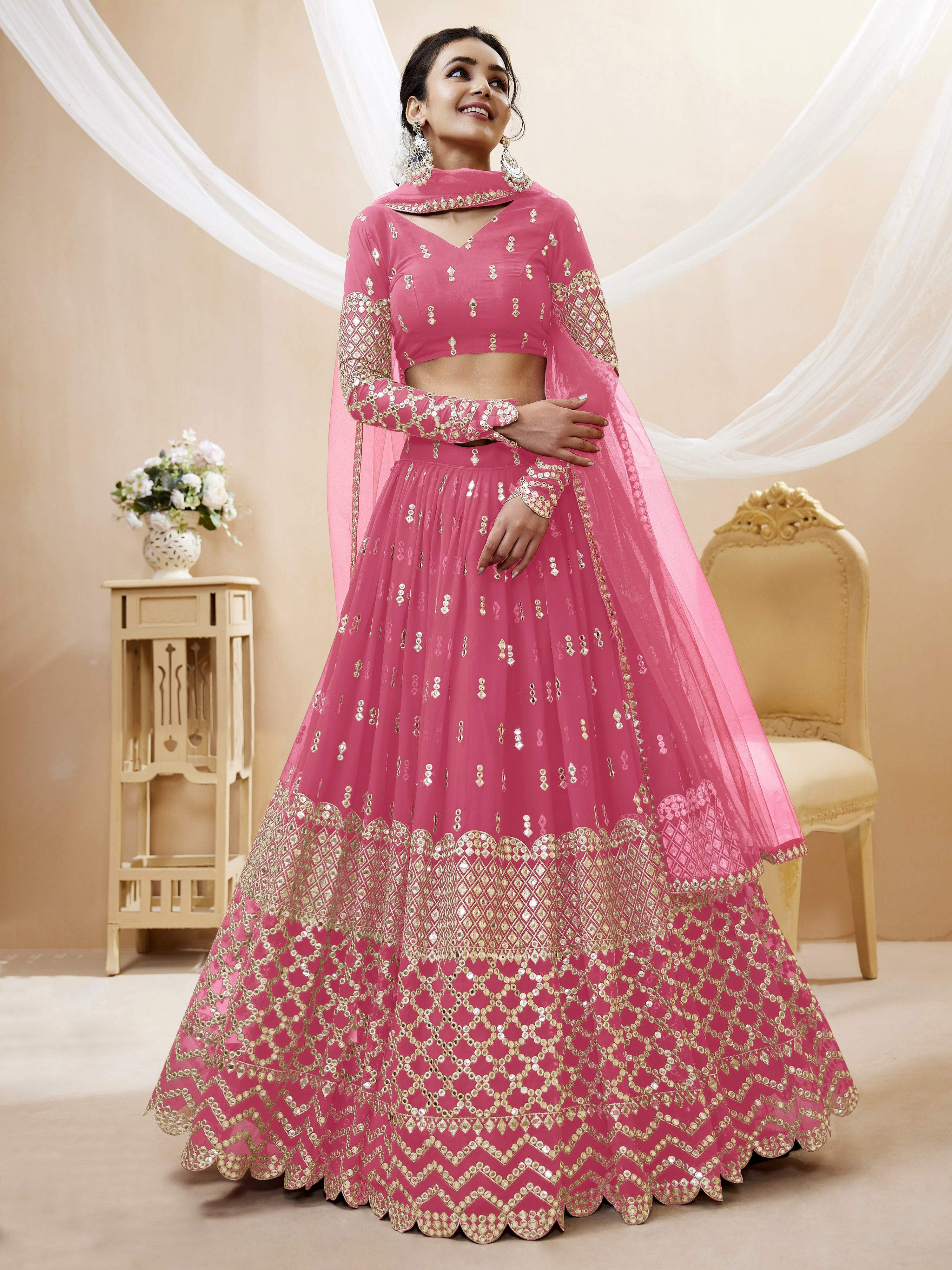 Jyoti Fashion Women's Pink Georgette Sequins Zari Embroidered Lehenga Choli & Dupatta