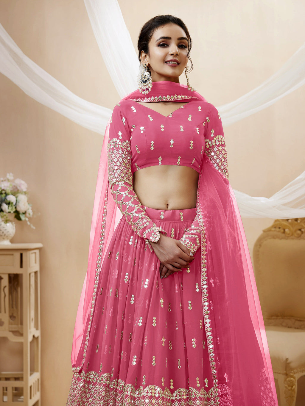 Jyoti Fashion Women's Pink Georgette Sequins Zari Embroidered Lehenga Choli & Dupatta