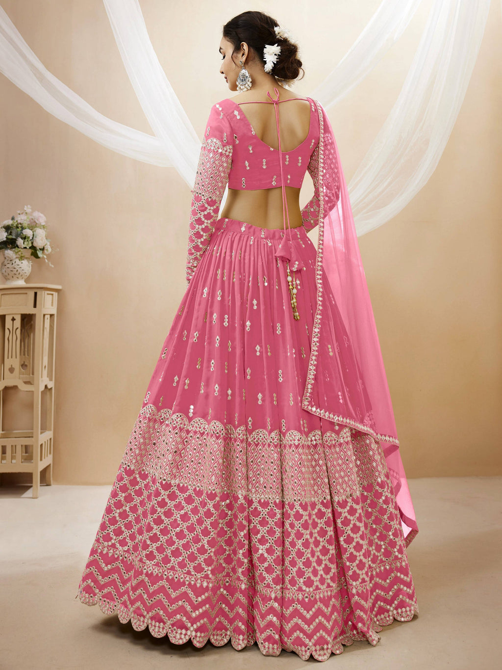 Jyoti Fashion Women's Pink Georgette Sequins Zari Embroidered Lehenga Choli & Dupatta