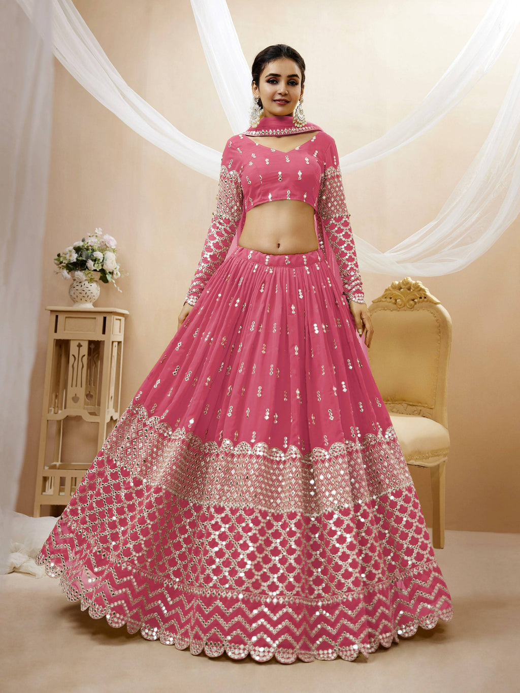 Jyoti Fashion Women's Pink Georgette Sequins Zari Embroidered Lehenga Choli & Dupatta